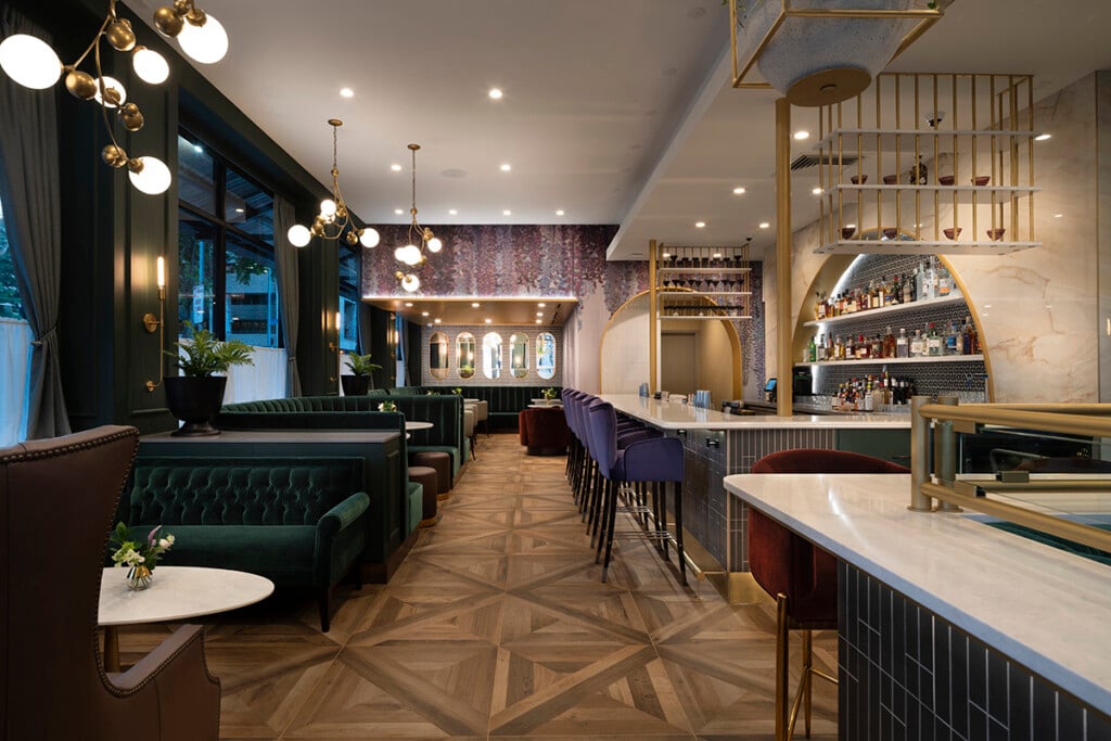 Podmore restaurant interior bench seats wood floor bar area